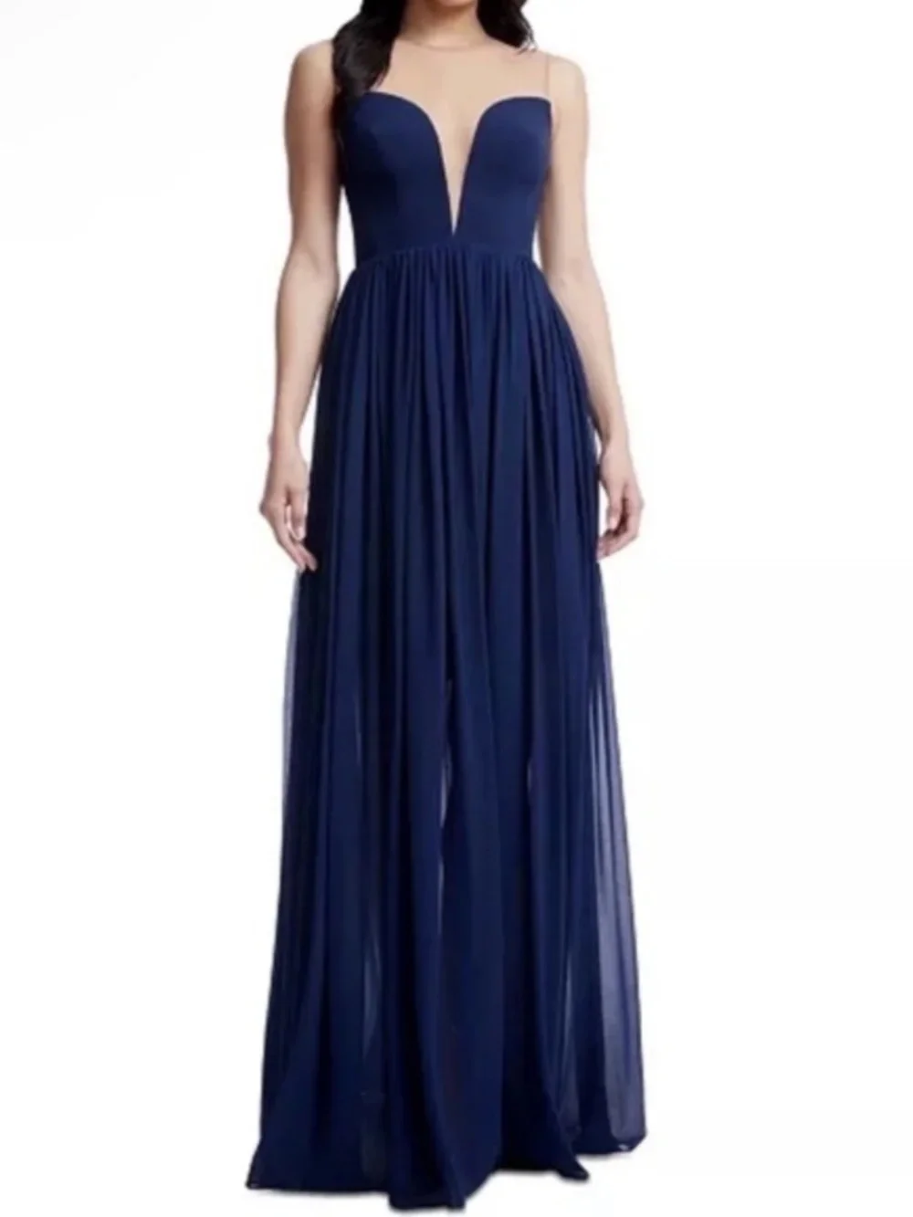 Dress the Population Eleanor Illusion Plunging Neck Gown Navy Blue Size XS